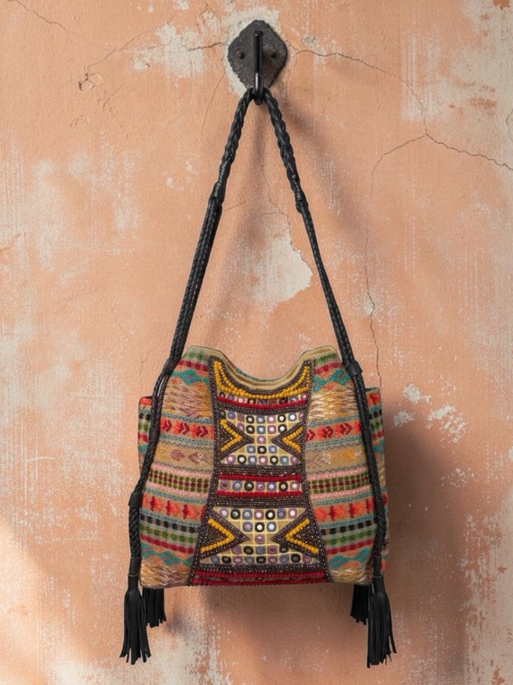 Big Buddha Multicolor Embroidered Shoulder Bag with Black Braided Strap
